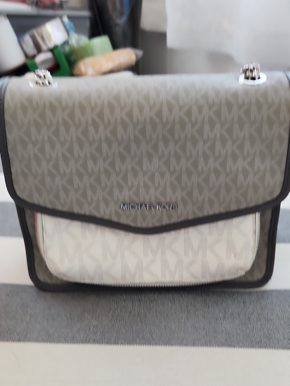Michael Kors Two-Tone MK Flap Messenger Bag in Beige and Cream